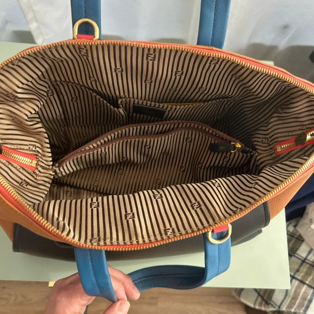 Fendi Black, Brown & Blue Leather Satchel with Gold Hardware - Picture 8 of 11